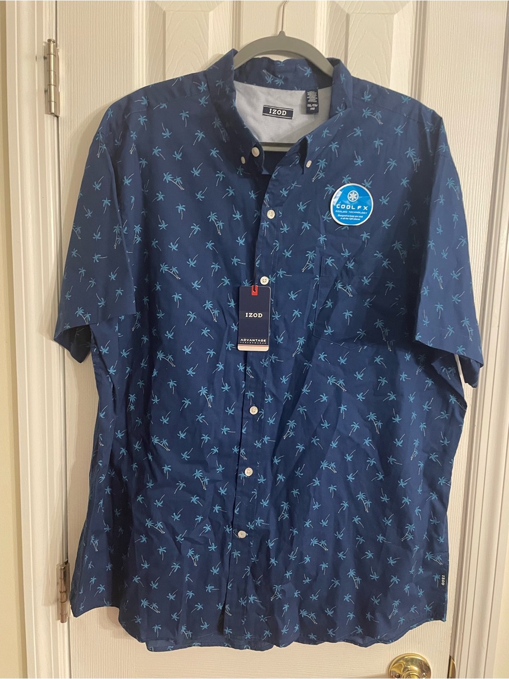 Izod Navy Short-Sleeve Button-Down Shirt with Light Blue Palm Print